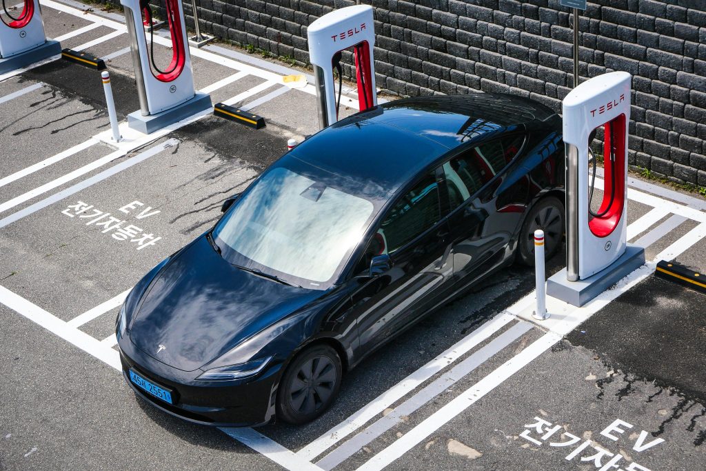 Tesla chargers in a big city